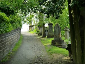 A path surrounded by green foliage and lined by tombstones