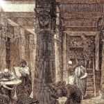 Sepia-toned illustration of seven men inside a room with multiple columns, a shelf containing scrolls, and a shelf with stools. Three men are talking at the table and reviewing scrolls, one is picking up scrolls off the ground, and one is going through the scrolls up on a ladder while two other men give directions.