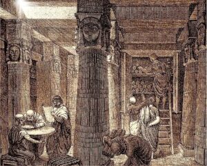 Sepia-toned illustration of seven men inside a room with multiple columns, a shelf containing scrolls, and a shelf with stools. Three men are talking at the table and reviewing scrolls, one is picking up scrolls off the ground, and one is going through the scrolls up on a ladder while two other men give directions.