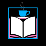 logo for trans book box, a 2 dimensional open book with a coffee cup icon sitting over it. both are inside a square, and the colors are in the light blue and pink of the trans flag.