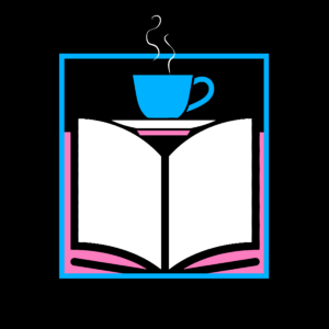 logo for trans book box, a 2 dimensional open book with a coffee cup icon sitting over it. both are inside a square, and the colors are in the light blue and pink of the trans flag.