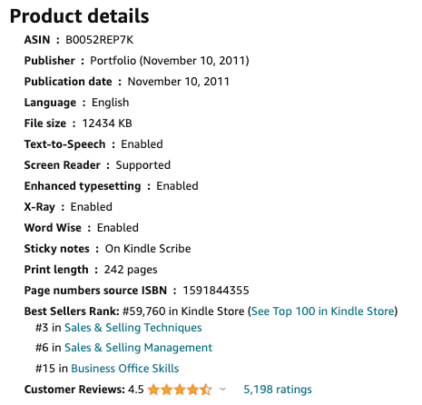 A screenshot of Product Details category of a book from its Amazon sales page. Includes ASIN, Publisher, Publication Date, Language, File Side, and eventually the "Best Sellers Rank" for the book
